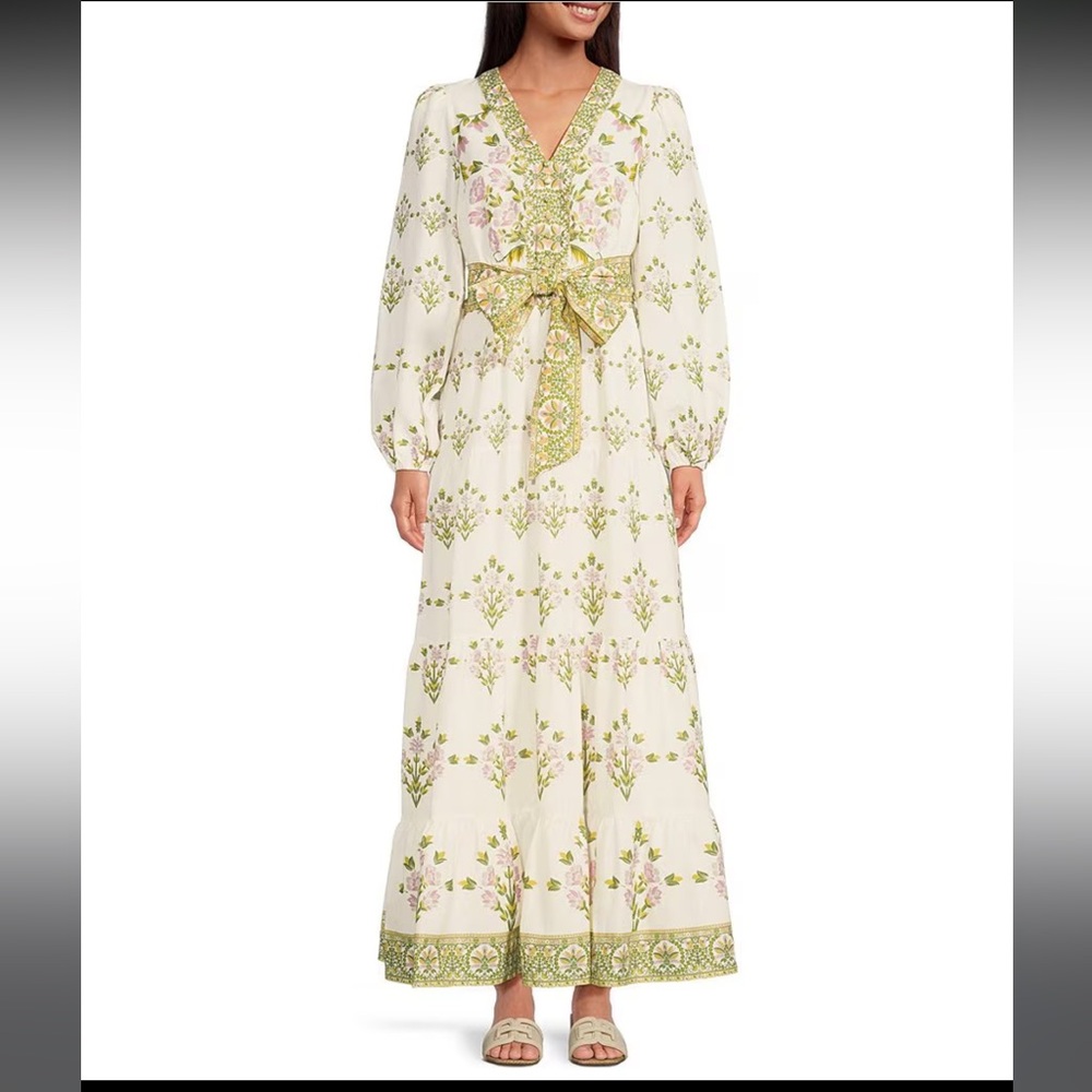 A Loves A - Floral Printed Long Sleeve V-Neck Self Tie Maxi Dress